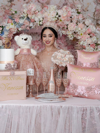 Rose Gold quinceanera brindis package with bottle