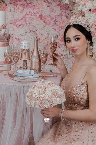 Rose Gold quinceanera brindis package with bottle and candle