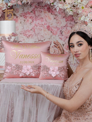 Rose gold Quinceanera pillows set, guest book with album de fotos