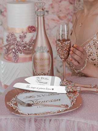 Rose Gold quinceanera brindis package with bottle
