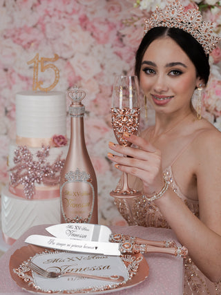 Rose Gold quinceanera brindis package with bottle