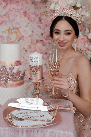 Rose Gold quinceanera brindis package with candle