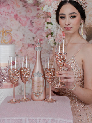 Rose Gold quinceanera bottle with 4 glasses