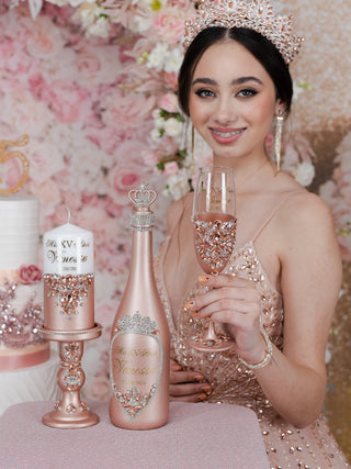 Rose Gold quinceanera cake knife set with 2 glasses