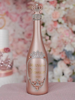 Rose Gold quinceanera package of bottle, glass and candle