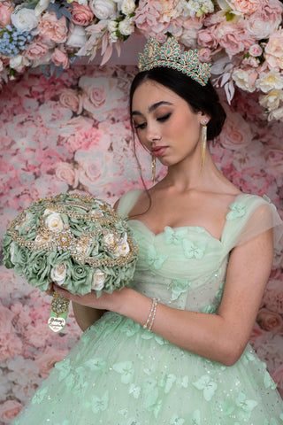 Sage Green Ivory Quinceanera Bouquet 13 inches