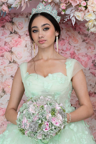 Sage Green Pink quinceanera bouquet 13 inches