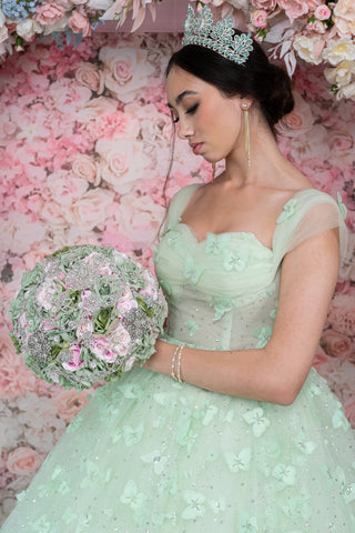 Sage Green Pink quinceanera bouquet 9 inches