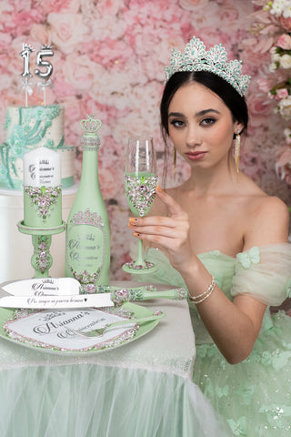 Sage Green Pink quinceanera cake knife and server