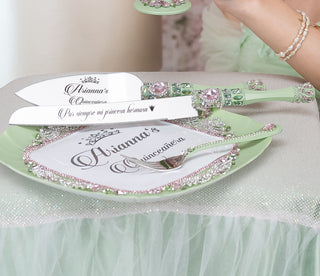 Sage Green Pink quinceanera cake knife set with plate and fork