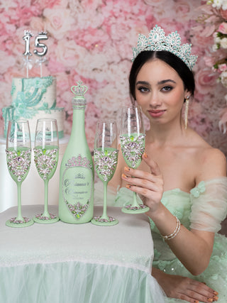 Sage Green Pink quinceanera bottle with 4 glasses