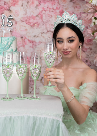 Sage Green Pink 4 quinceanera champagne glasses