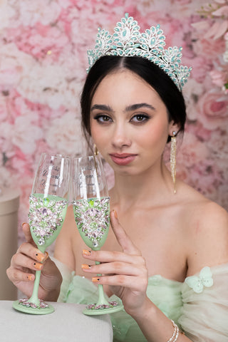 Sage Green Pink 2 quinceanera champagne glasses