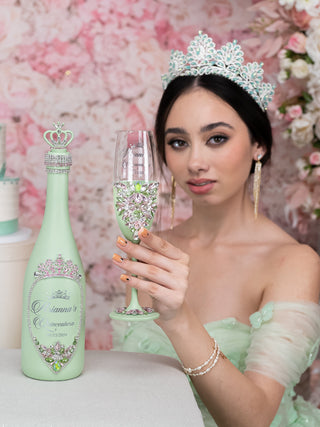 Sage Green Pink quinceanera bottle with 1 glass