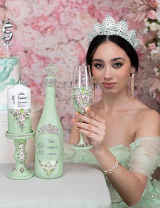 Sage Green Pink quinceanera package of bottle, glass and candle