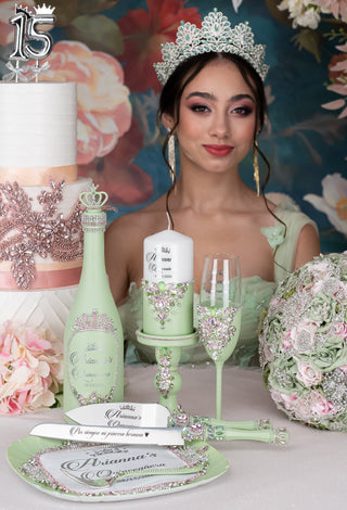Sage Green Pink quinceanera brindis package with bottle and candle