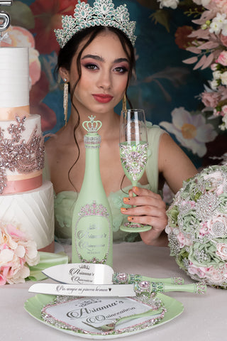 Sage Green Pink quinceanera brindis package with bottle