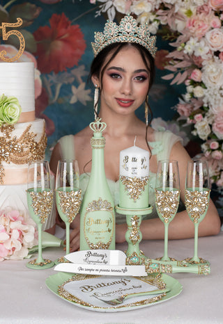 Sage Green 2 quinceanera champagne glasses