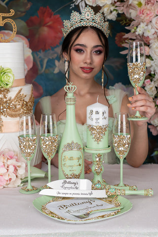 Sage Green Quinceanera cake knife set with plate and fork