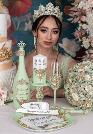 Sage Green Quinceanera cake knife set with plate and fork