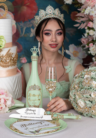 Sage Green Quinceanera cake knife set with 2 glasses