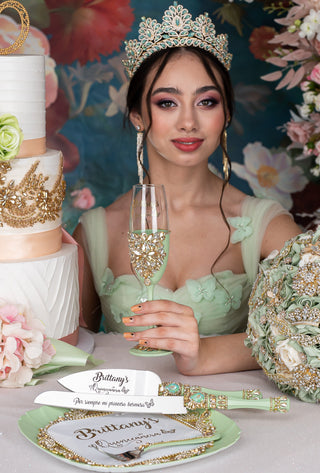 Sage Green Quinceanera Brindis Package with Bottle and Candle