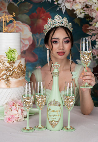 Sage Green 2 quinceanera champagne glasses