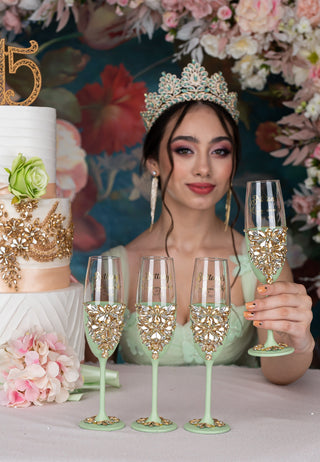 Sage Green 4 quinceanera champagne glasses