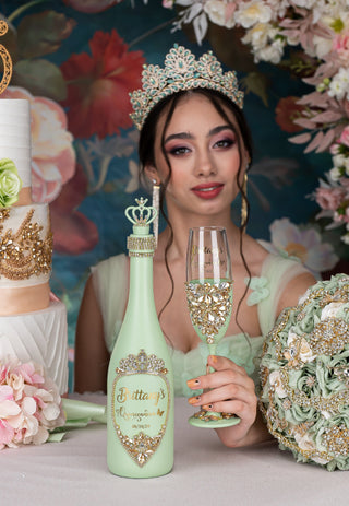 Sage Green Quinceanera Bottle with 4 Glasses