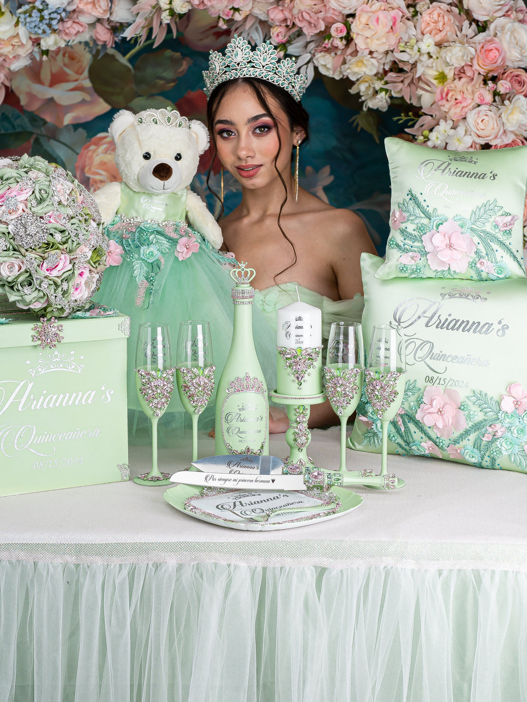 green and pink quince dress Quinceanera Dresses Mint Green And Pink Dress Shiny Green Quinceanera Dresses Big Bow Off Shoulder Beading