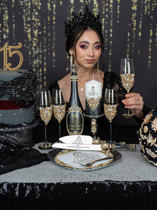 Black Quinceanera Package of Bottle, Glass and Candle