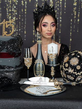 Black Quinceanera brindis package with bottle and candle