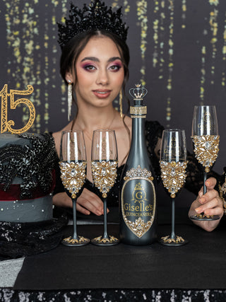 Black Quinceanera Bottle with 4 Glasses