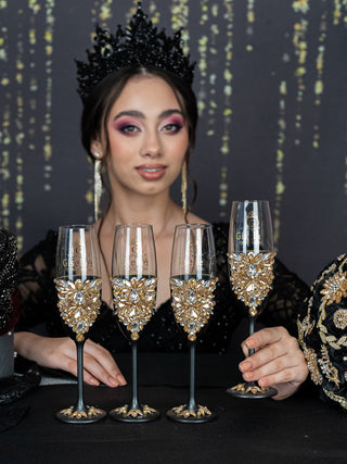 Black 4 quinceanera champagne glasses
