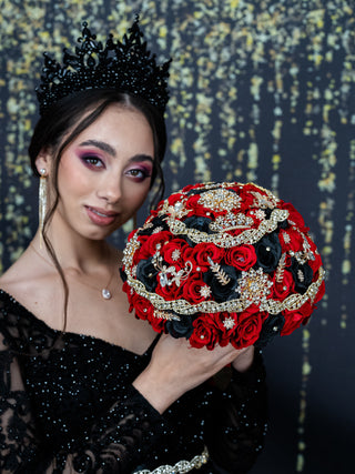 Black Red Gold quinceanera bouquet 13 inches