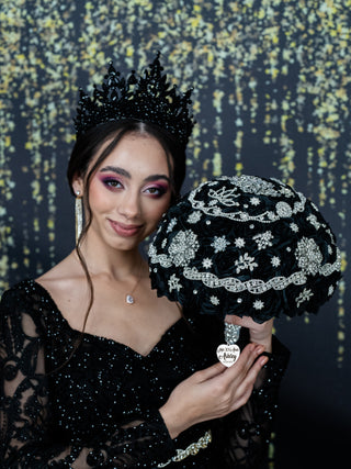 Black silver Quinceanera brindis package with bottle and candle