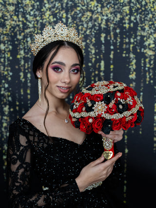 Black Red Gold quinceanera bouquet 9 inches