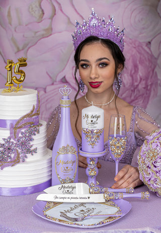 Lavender quinceanera brindis package with bottle and candle