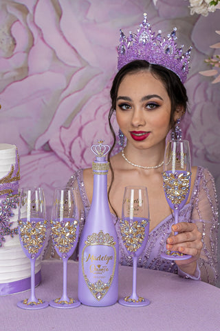 Lavender quinceanera bottle with 4 glasses