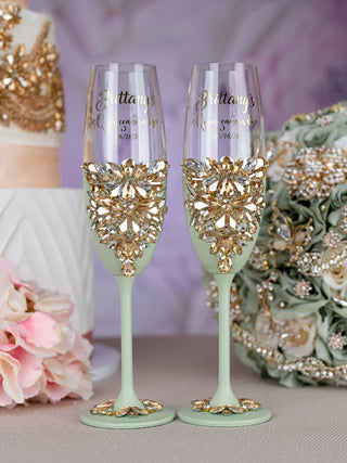 Sage Green 2 quinceanera champagne glasses