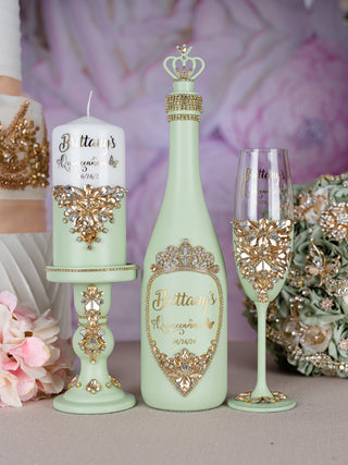 Sage Green Quinceanera Package of Bottle, Glass and Candle