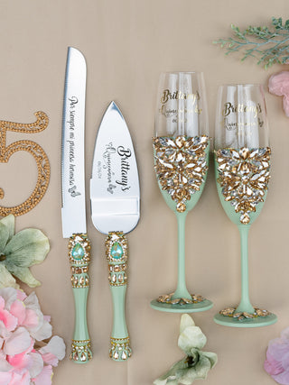Sage Green Quinceanera cake knife set with 2 glasses