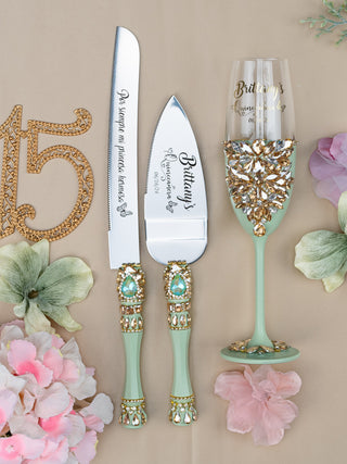 Sage Green Quinceanera cake knife set with 1 glass