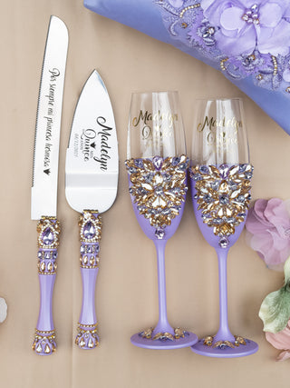 Lavender quinceanera cake knife set with 2 glasses
