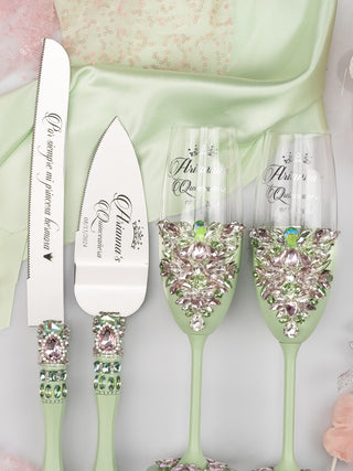 Sage Green Pink quinceanera cake knife set with 2 glasses