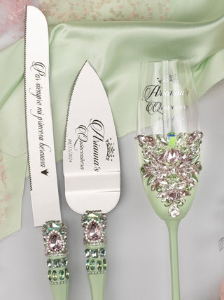 Sage Green Pink quinceanera cake knife set with 1 glass