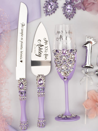 Lilac quinceanera cake knife set with 1 glass