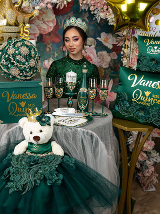 Emerald green with gold last teddy bear for quinceanera