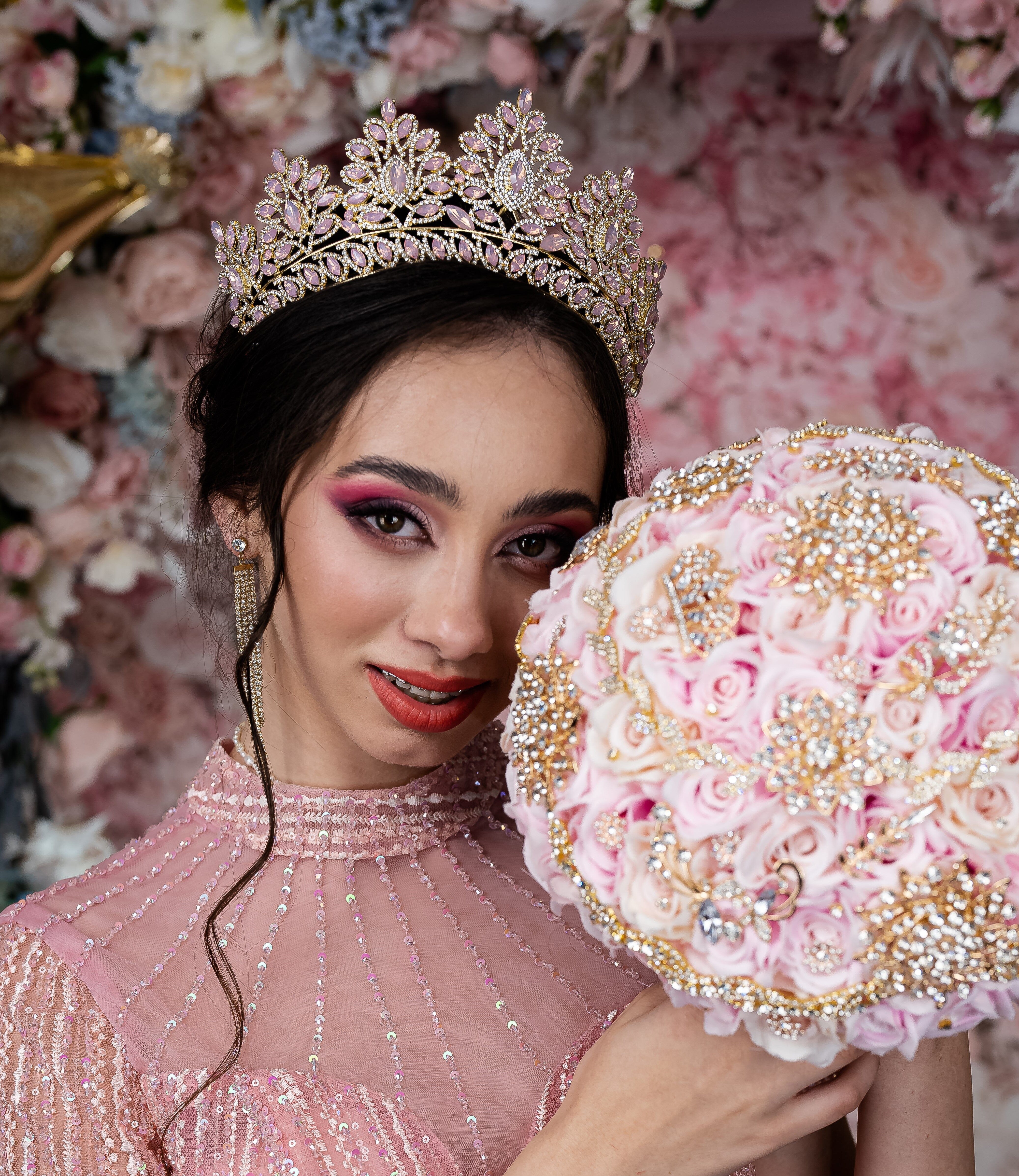 pink and gold headpiece
