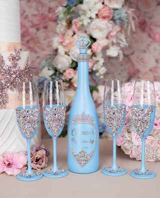 Light Blue with Pink 5 quinceanera champagne glasses